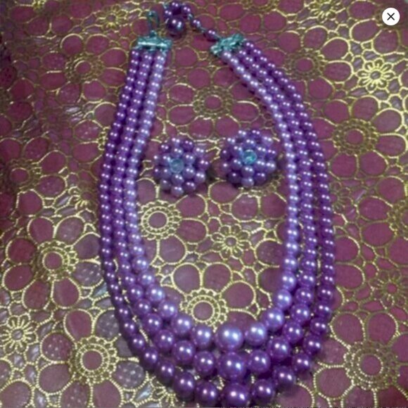 Vintage Three Strand Plum Faux Pearl Tone Necklace with Matching Earrings - Picture 1 of 1